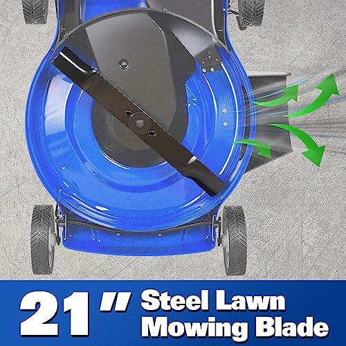 Top view of a blue lawn mower with a 21-inch steel blade.