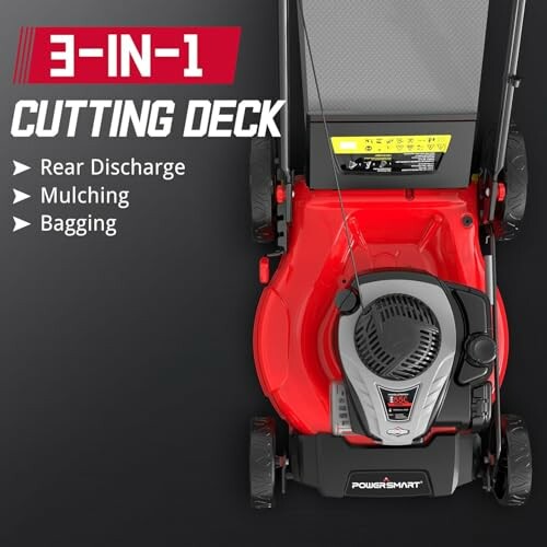 Top view of a lawn mower highlighting 3-in-1 cutting deck features: rear discharge, mulching, and bagging.