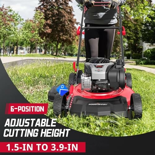 Person using a lawn mower with adjustable cutting height feature.