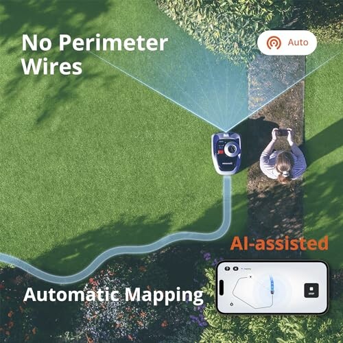 AI-assisted lawn mower with automatic mapping features, no perimeter wires needed.