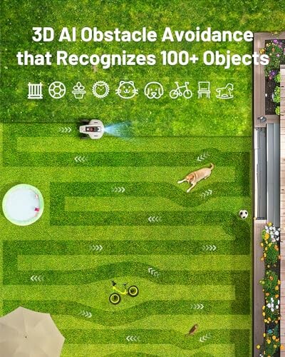 Lawn with AI mower and dog, showcasing obstacle avoidance technology recognizing objects.