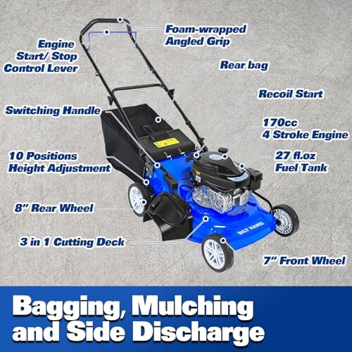 Blue lawn mower with labeled features including engine, recoil start, and wheels.