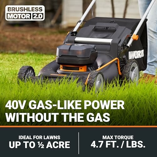 Cordless lawn mower with brushless motor in use on grass.