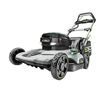 EGO electric lawn mower with large wheels and handle.