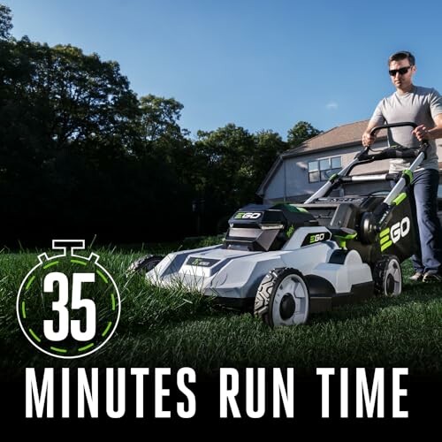 Man using EGO lawn mower with 35 minutes run time.