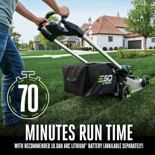 EGO lawn mower on grass with 70 minutes run time.