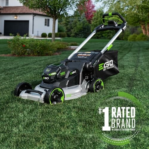 EGO lawn mower on grass with #1 rated brand label