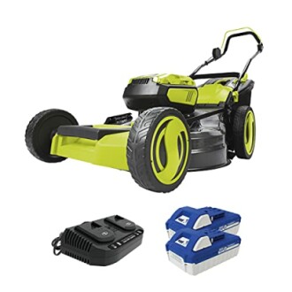 Electric lawn mower with batteries and charger.