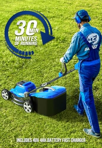 Person using a blue electric lawn mower on grass with text indicating 30 minutes of running time.