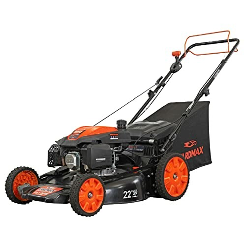 Gas-powered lawn mower with orange and black design