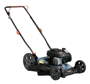 Gas-powered lawn mower with black and orange design.