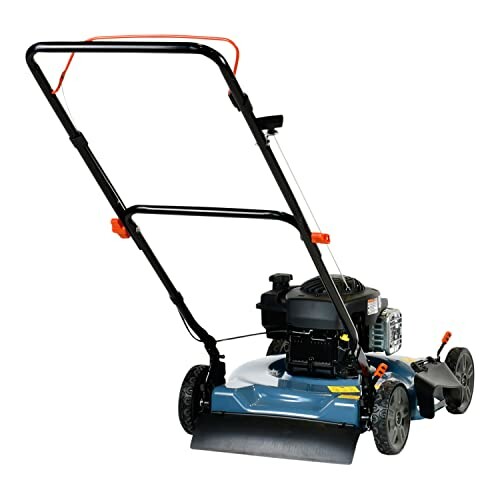 Rear view of a gas-powered lawn mower with a black handle and wheels.