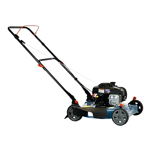 Gas-powered lawn mower with black handle and wheels.