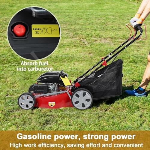 Gasoline lawn mower on grass with fuel instruction inset.