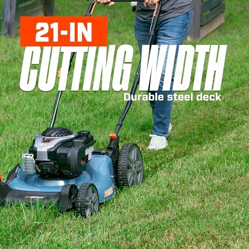 Person mowing lawn with 21-inch cutting width mower.