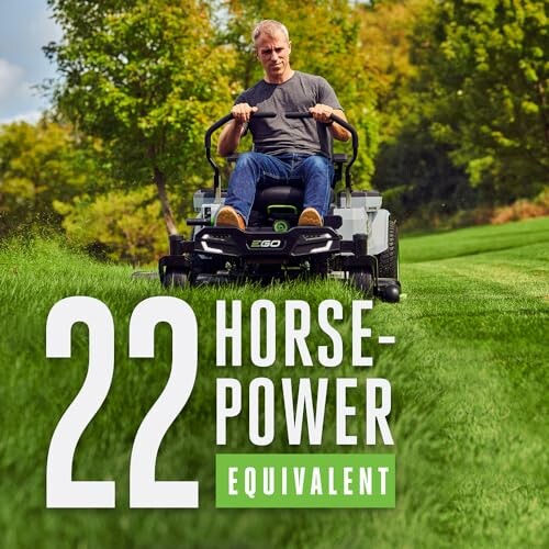 Person riding a mower on a grassy field with text '22 Horsepower Equivalent'.