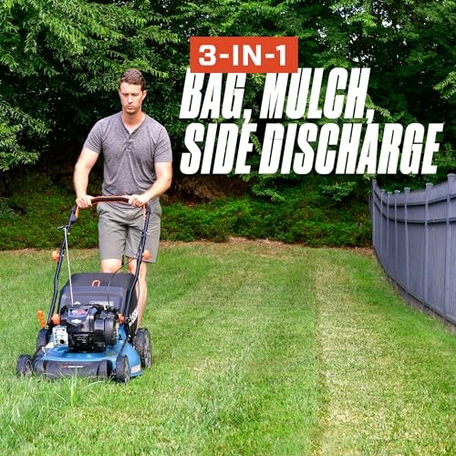 Person mowing lawn with 3-in-1 mower, bag, mulch, side discharge.