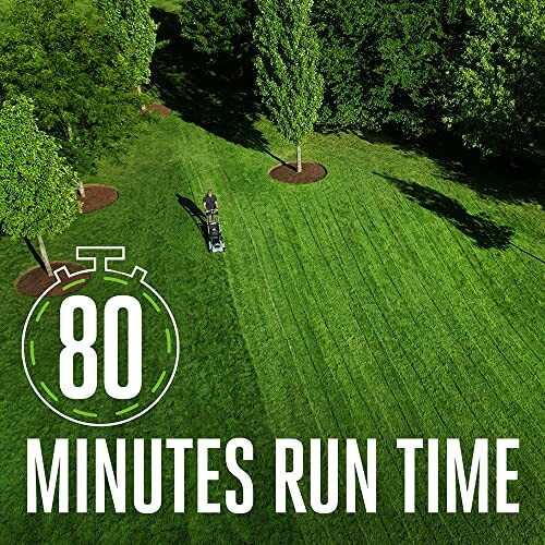 Person mowing large green lawn with text '80 Minutes Run Time'.