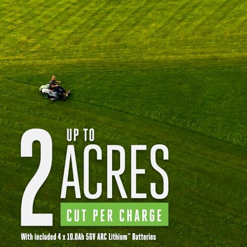 Lawn mower cutting large green field with text 'Up to 2 Acres Cut Per Charge'.