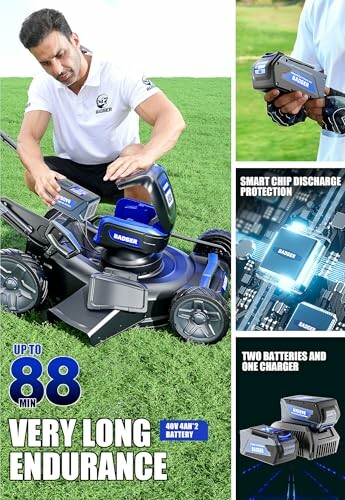 Man adjusting a lawn mower with battery features highlighted.