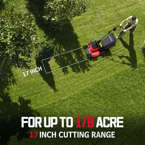 Person mowing lawn with 17-inch cutting range for up to 1/8 acre.