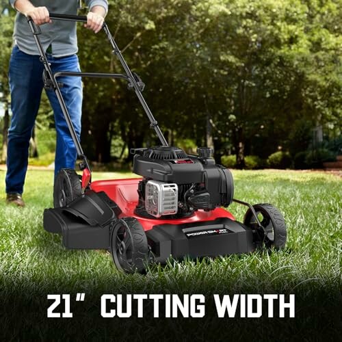 Person using a lawn mower with 21-inch cutting width