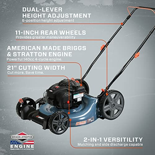 Lawn mower with dual-lever height adjustment, 11-inch rear wheels, Briggs & Stratton engine, 21-inch cutting width, 2-in-1 versatility.