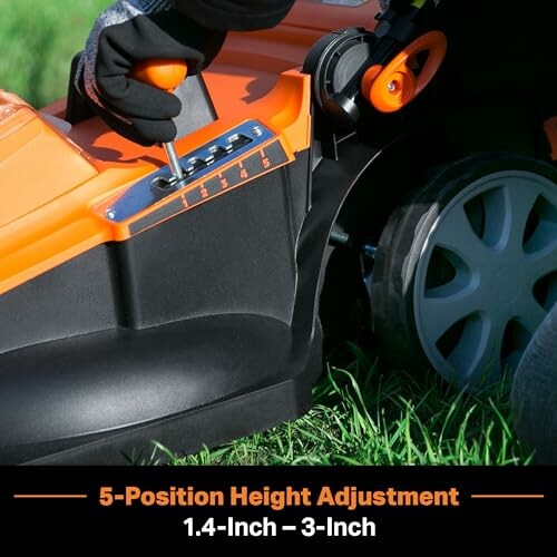 Person adjusting lawn mower height with 5-position lever.