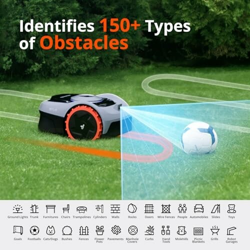 Robotic lawn mower detecting obstacles like a soccer ball on the grass.