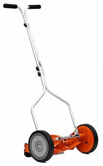 Manual lawn mower with orange and silver design