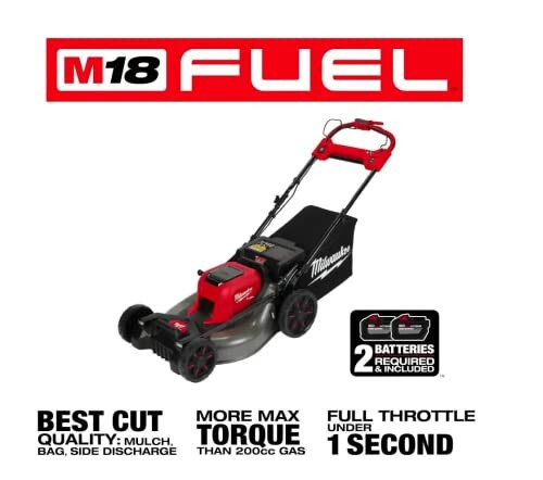 Milwaukee M18 Fuel lawn mower with two batteries and features listed.