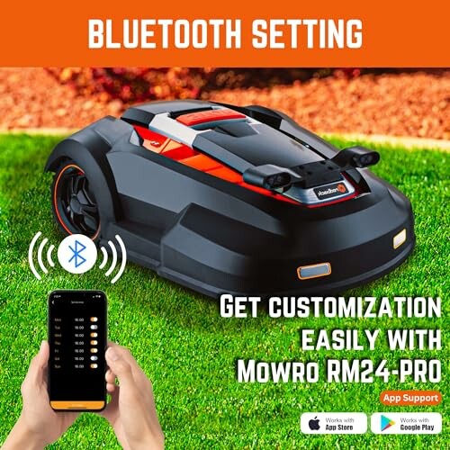 Mowro RM24PRO robotic lawn mower with Bluetooth setting and app support.