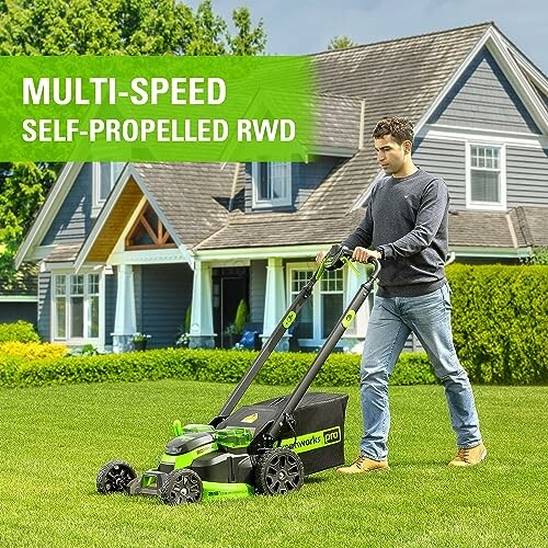 Person using a multi-speed self-propelled lawn mower in a yard.