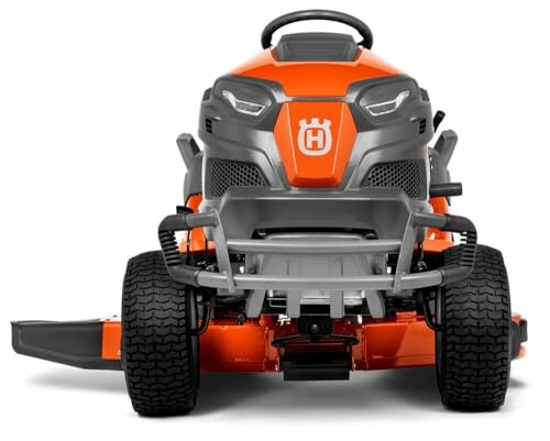 Front view of an orange riding lawn mower