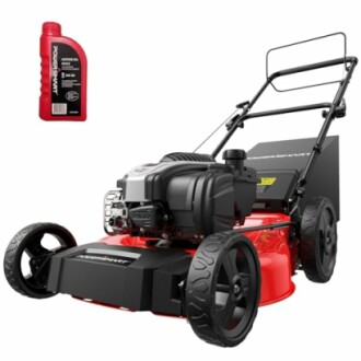 A powerful lawnmower with a bottle of engine oil.