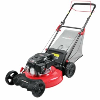 Red gas-powered lawn mower with grass catcher.