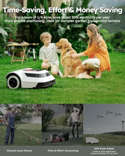 Family with robotic lawn mower in garden, promoting efficiency and savings.