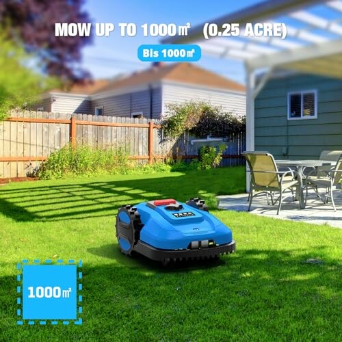 Robotic lawn mower on grass in a backyard.