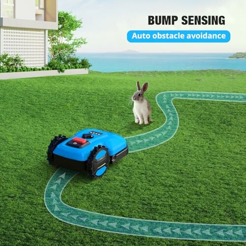 Robot lawn mower with bump sensing near a rabbit on grass.