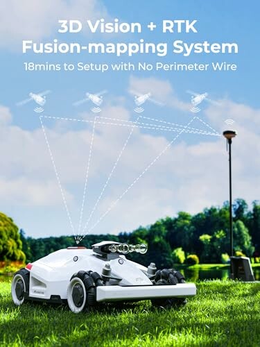 Robot lawn mower with 3D Vision and RTK fusion-mapping system on grass.