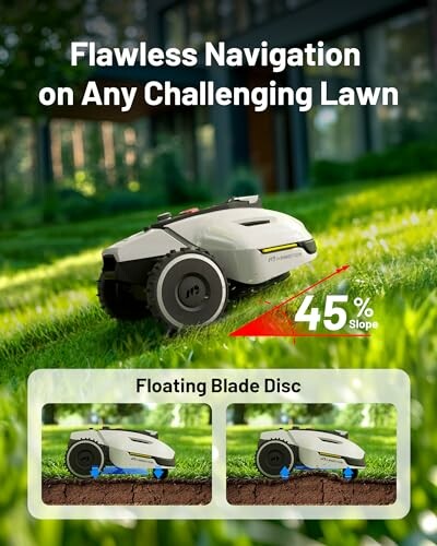 Robot lawn mower on a steep grassy slope with 45% incline.