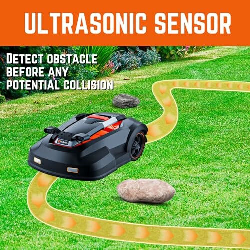 Robot lawn mower with ultrasonic sensor detecting obstacles on grass