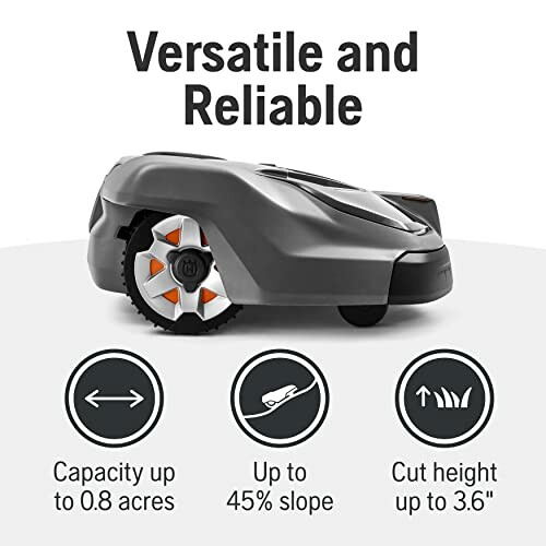 Robotic lawn mower with features: capacity up to 0.8 acres, up to 45% slope, cut height up to 3.6 inches.