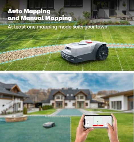 Robot lawnmower on grass with mapping feature and mobile control.