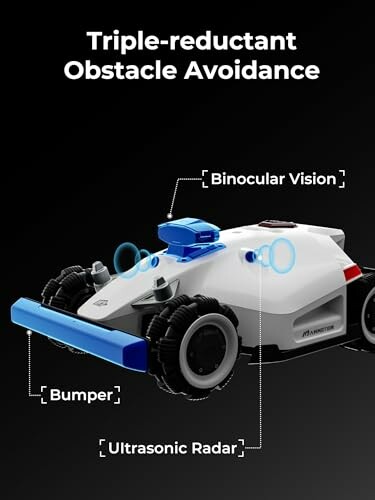 Robot with triple-redundant obstacle avoidance features: binocular vision, bumper, ultrasonic radar.