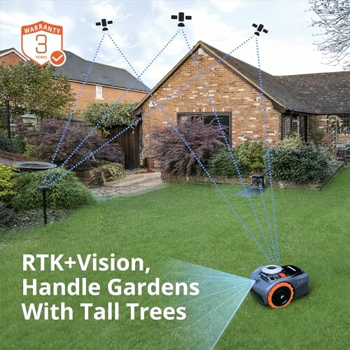 Robotic lawn mower navigating a garden with tall trees.