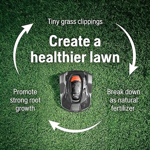 Robotic lawn mower on grass with text about benefits.