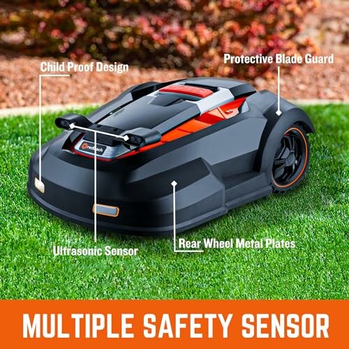 Robotic lawn mower with multiple safety features labeled.