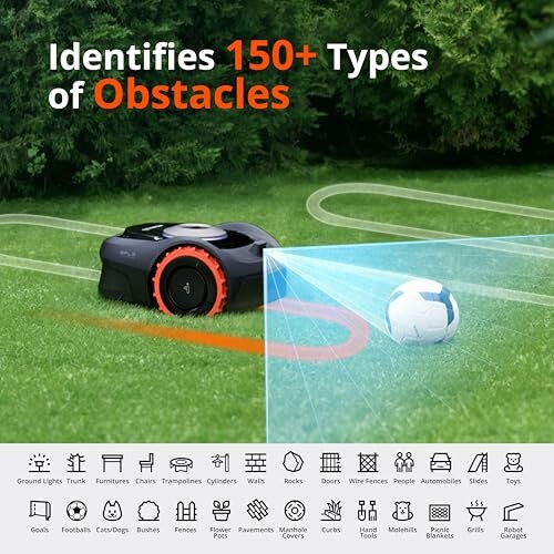 Robotic lawnmower identifying obstacles like a soccer ball.