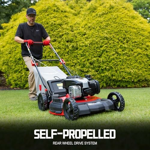 Person using a self-propelled lawn mower on grass.